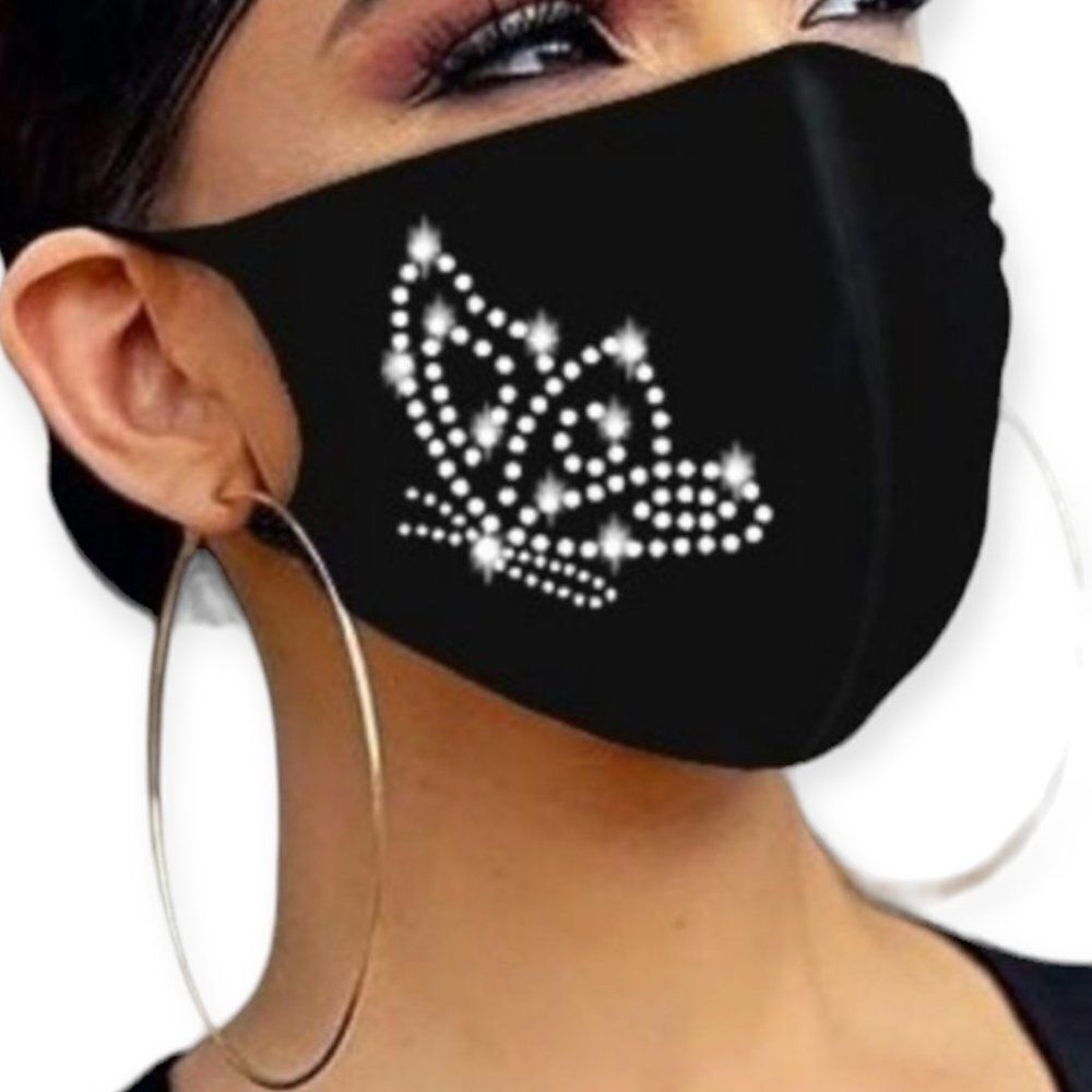 NEW Face Masks Black Face Mask Studded Rhinestone Butterfly Detailed Face Cover